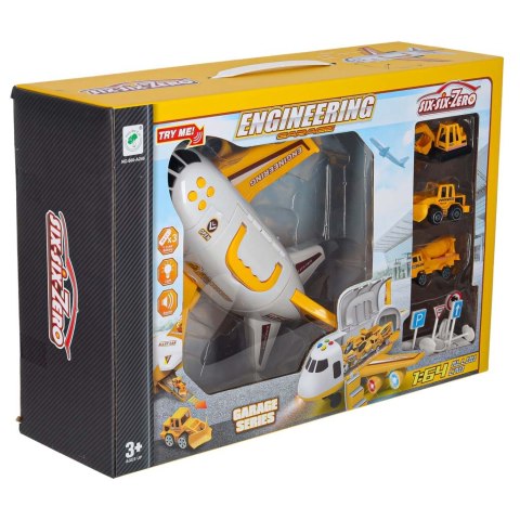 Transporter samolot rozkładany z autami + 3 auta pojazdy budowlane światła dźwięk