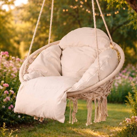 Huśtawka ogrodowa LUARO bocianie gniazdo z poduszką XXL ecru 80cm 150kg