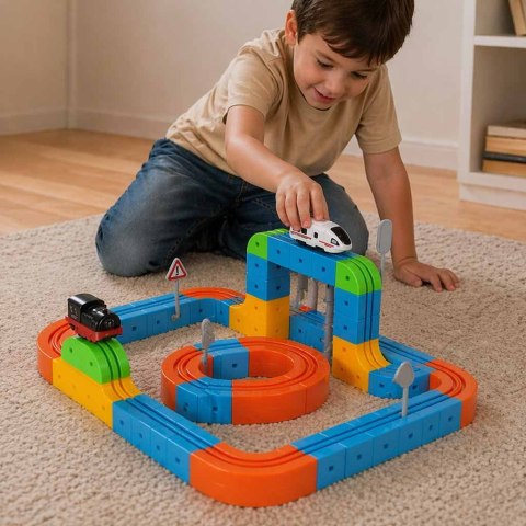 Klocki magnetyczne konstrukcyjne tor wyścigowy pociągi 140 elementów