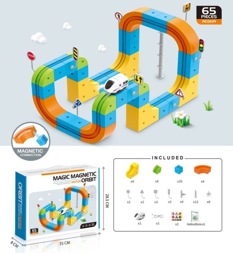 Klocki magnetyczne konstrukcyjne tor wyścigowy pociągi 65 elementów
