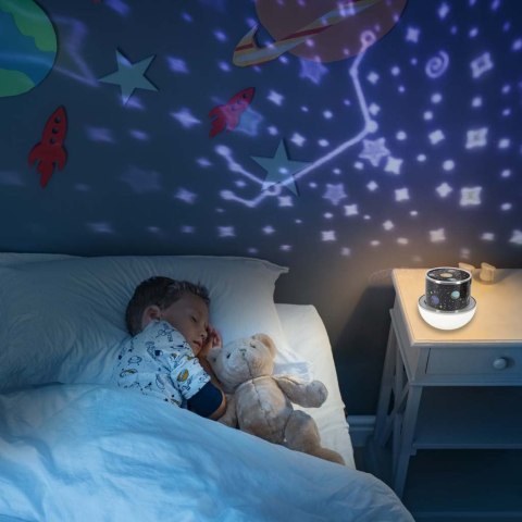 Lampka nocna projektor gwiazd LED USB obrotowy 6 motywów pilot jelonek
