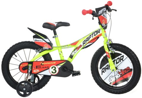 Rowerek Dziecięcy 16 Cali Raptor Żółty Kółka Boczne Hamulec Dino Bikes