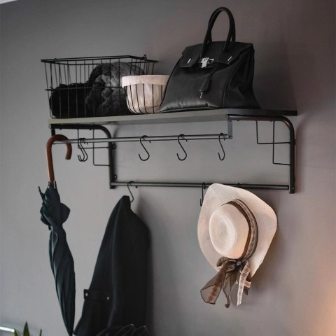 Wieszak Ścienny z Półką Dekoracyjny Czarny z Haczykami Solidny VILDE