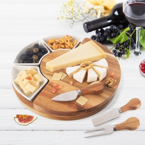 Deska do Serów ORION 7 el. z Nożami i Miseczkami Drewniana Zestaw 28 cm