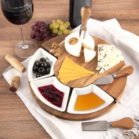Deska do Serów ORION 7 el. z Nożami i Miseczkami Drewniana Zestaw 28 cm
